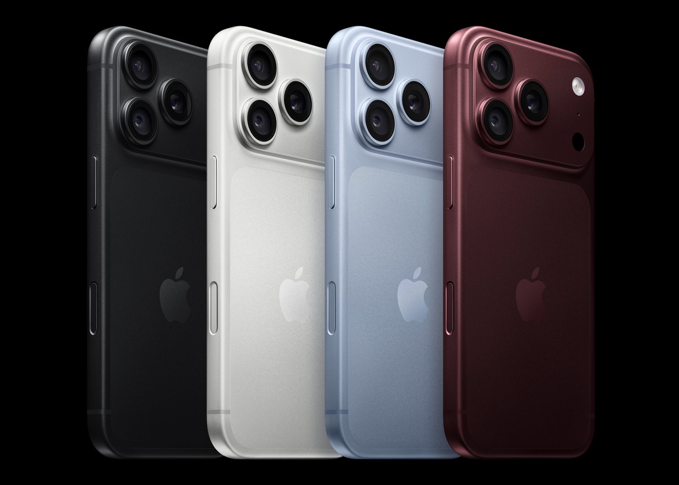 iPhone 18 Proの4色。背面が並んだ公式画像。右端がバーガンディ