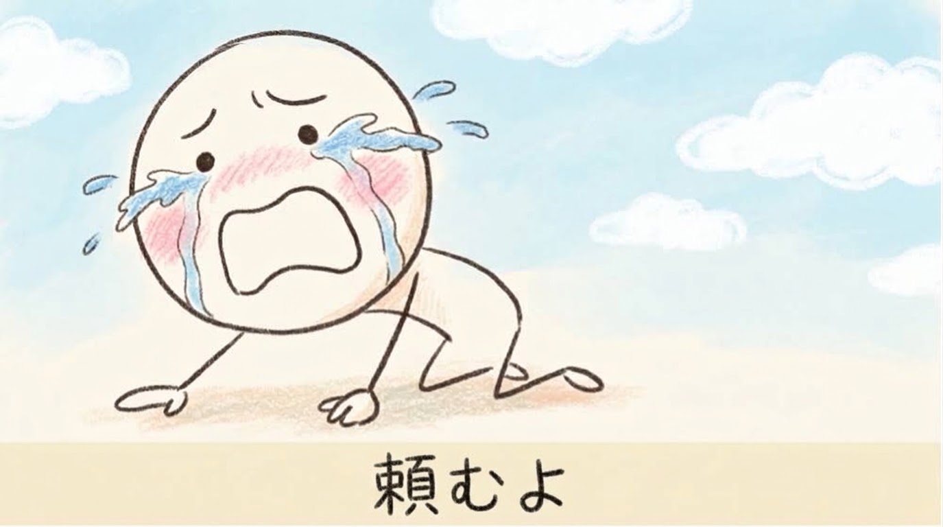 青空の下、棒人間が両手を地面について、大泣きしながらこちらに懇願している。帯には「頼むよ」