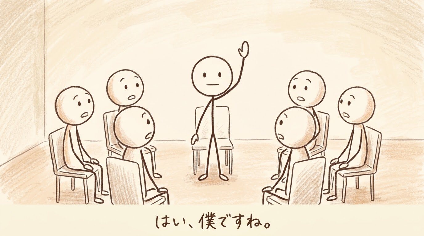 会場の真ん中で棒人間が真顔で挙手し、周りの棒人間たちが驚いて振り返っている