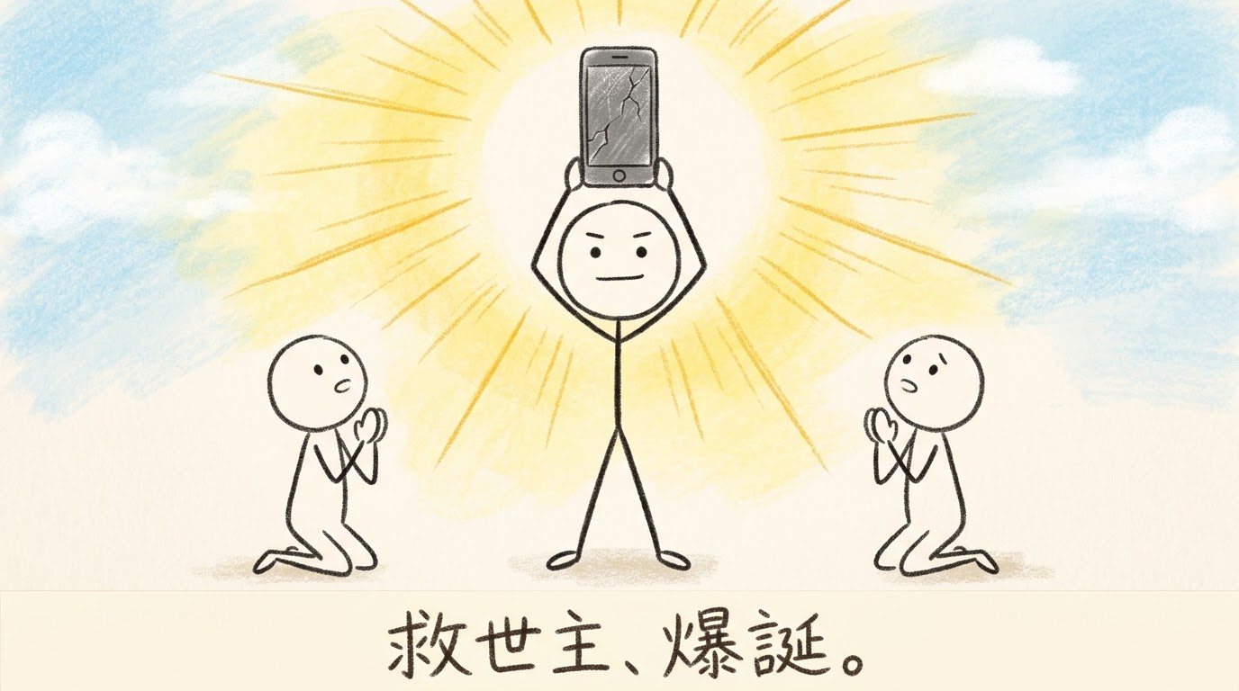 画面がひび割れたスマートフォンを頭上に掲げた棒人間に後光が差し、左右の棒人間がひざまずいて拝んでいる