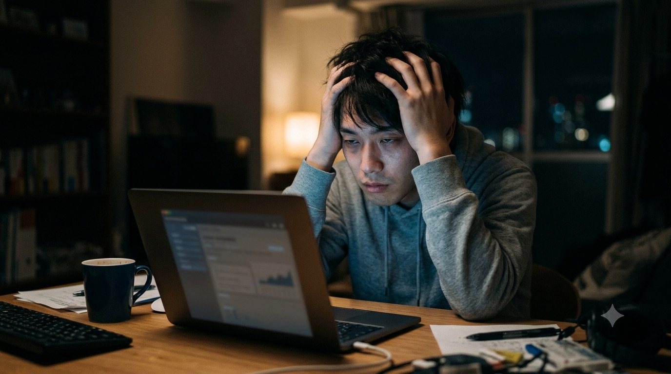 夜の部屋で、ノートパソコンの前で頭を抱える男性