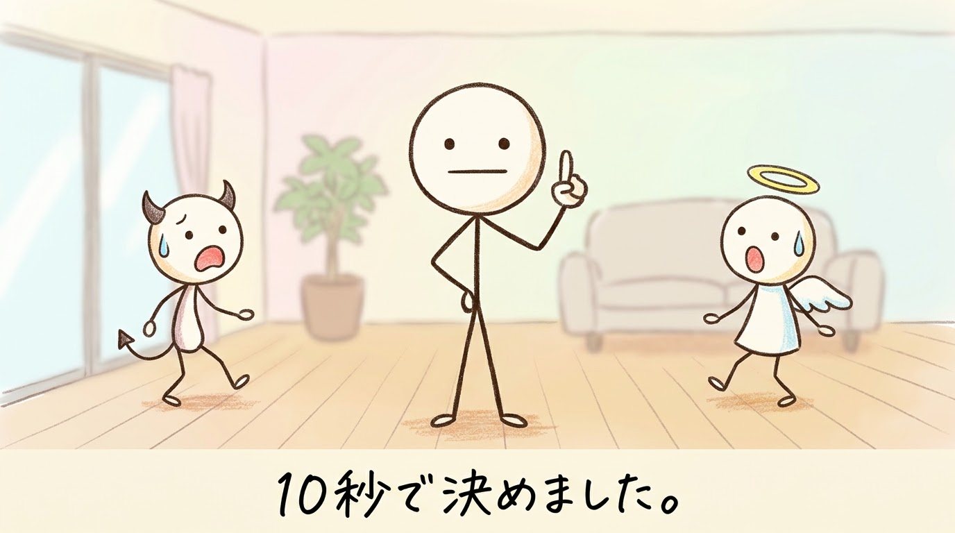 真顔で人差し指を立てて即決する棒人間と、その決断の早さにドン引きして後ずさる悪魔と天使の手描きイラスト