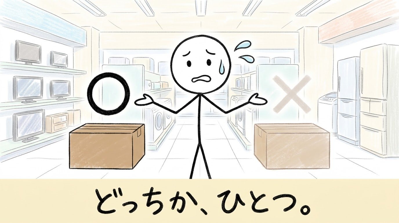 家電売り場で棒人間が両手を広げ、左の箱には丸、右の箱にはバツがついて困っている手描きイラスト