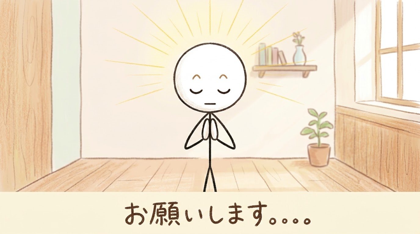 部屋の中で後光が差す中、目を閉じて手を合わせて拝む棒人間の手描きイラスト