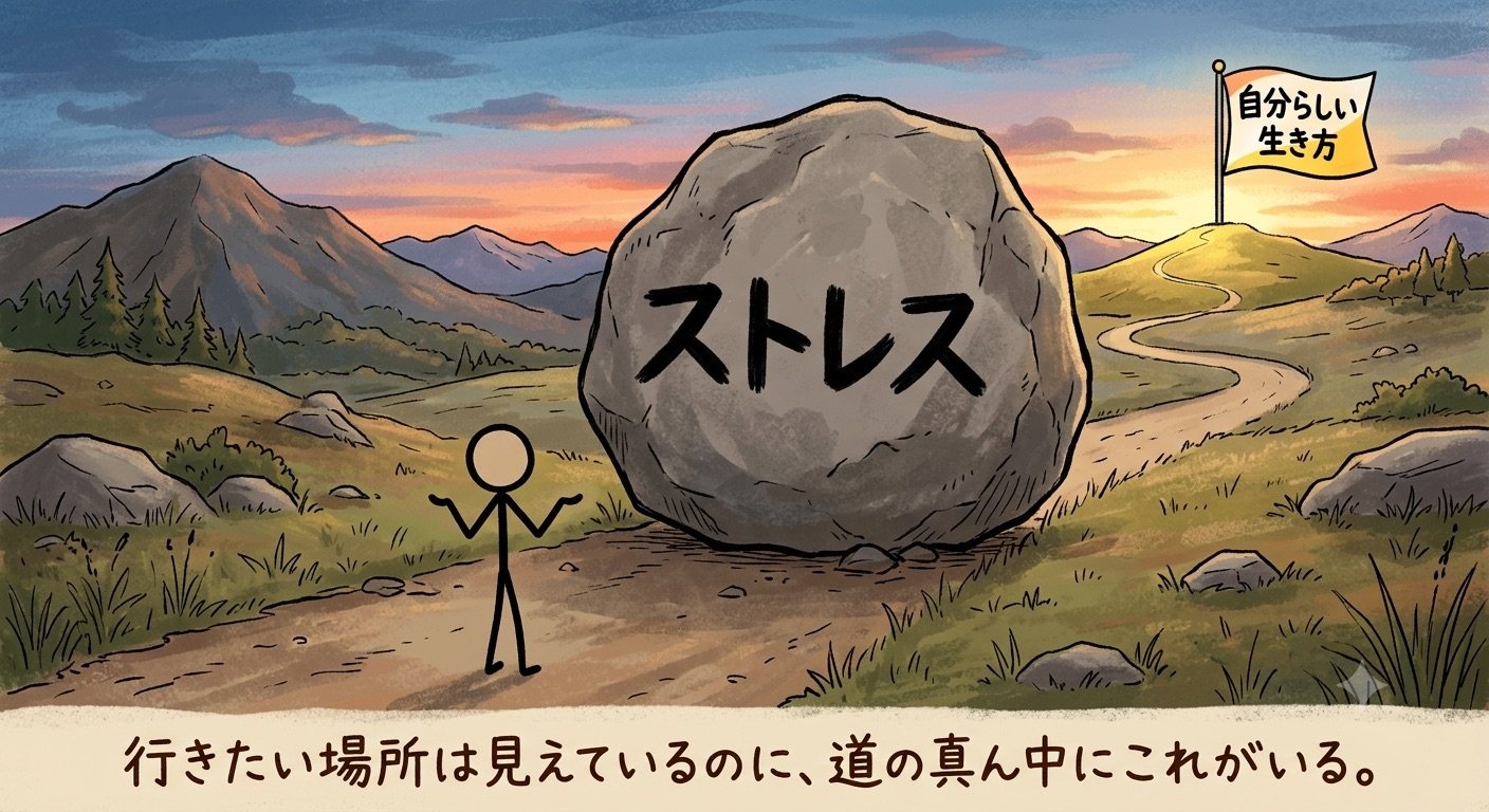 自分らしい生き方と書かれた旗への一本道を、ストレスと書かれた大きな岩が塞ぎ、棒人間がお手上げしているイラスト