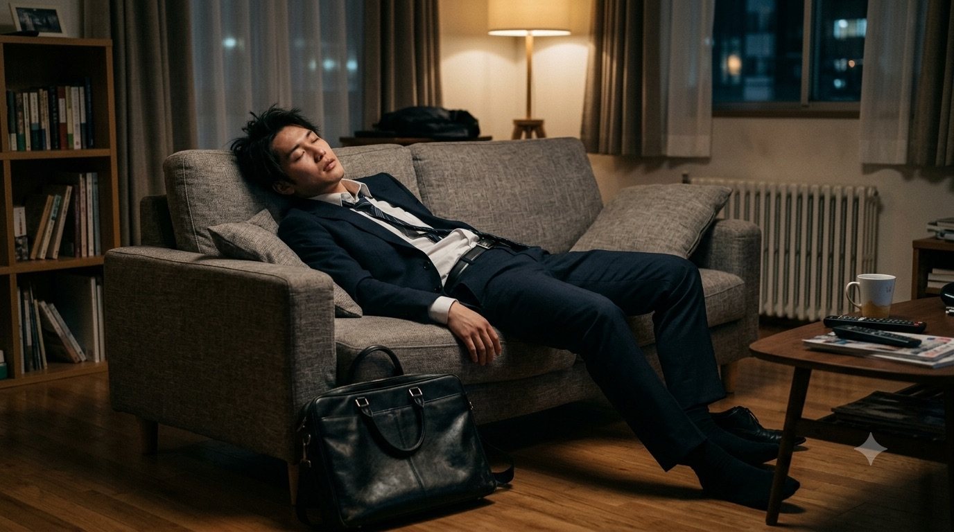 仕事帰りのスーツのまま、ソファで力尽きて眠ってしまった男性