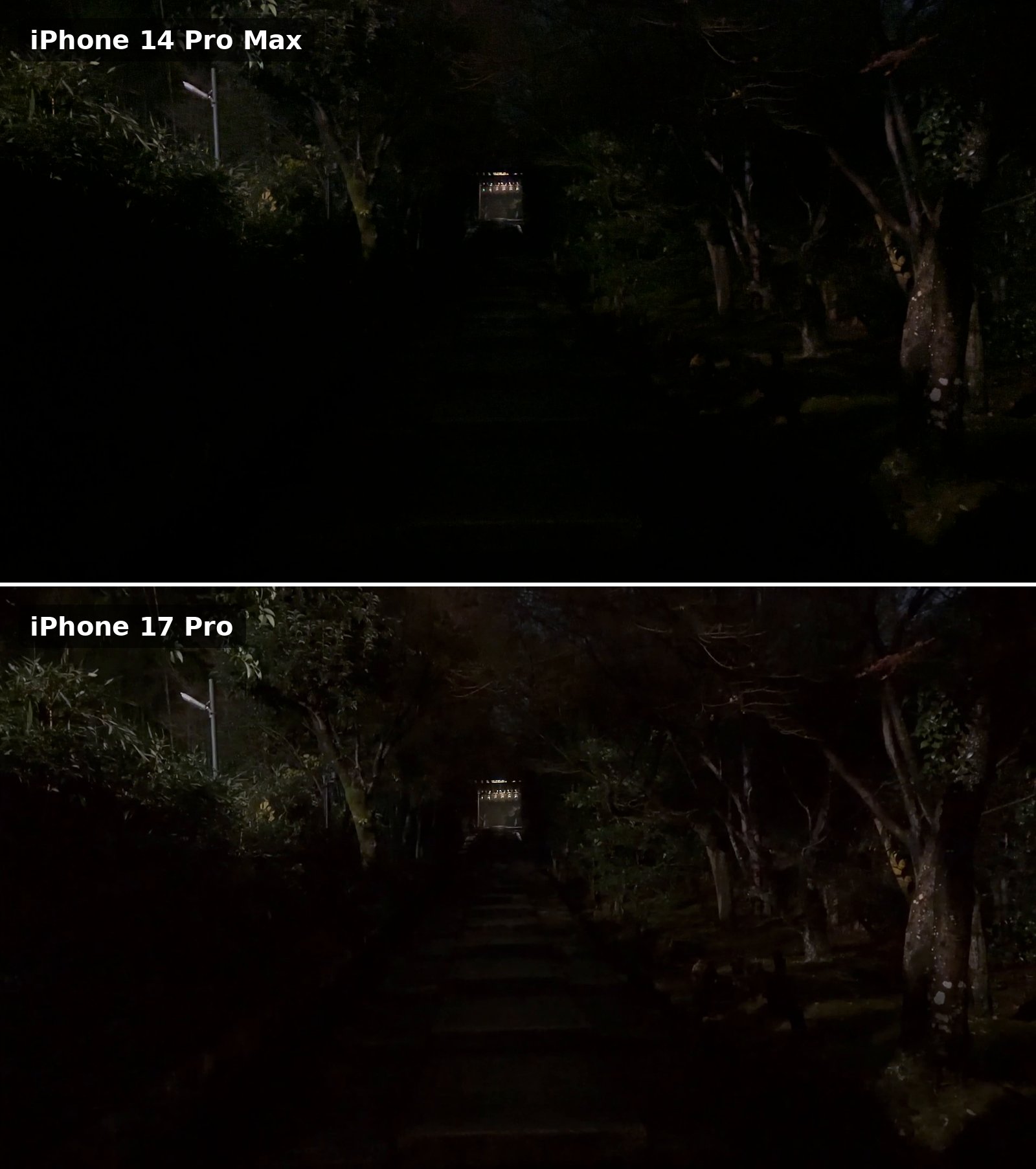 高台寺の暗い参道の比較。iPhone 14 Pro Maxは階段が黒く潰れているが、iPhone 17 Proは階段や木々の輪郭がうっすら残っている