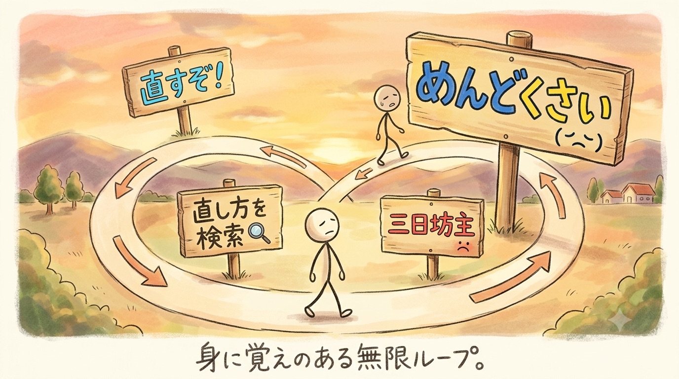 直すぞ、直し方を検索、三日坊主、めんどくさい、の標識が立つ無限ループの道を棒人間が歩き続けるイラスト