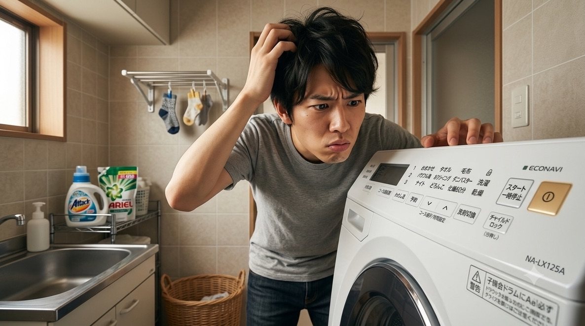 操作ボタンがたくさん並ぶドラム式洗濯機のパネルを前に頭をかく男性の写真