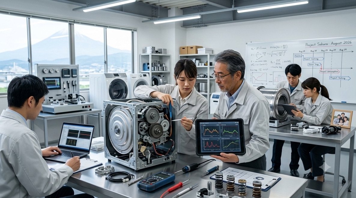 洗濯機の駆動部を検証する開発エンジニアたちの写真