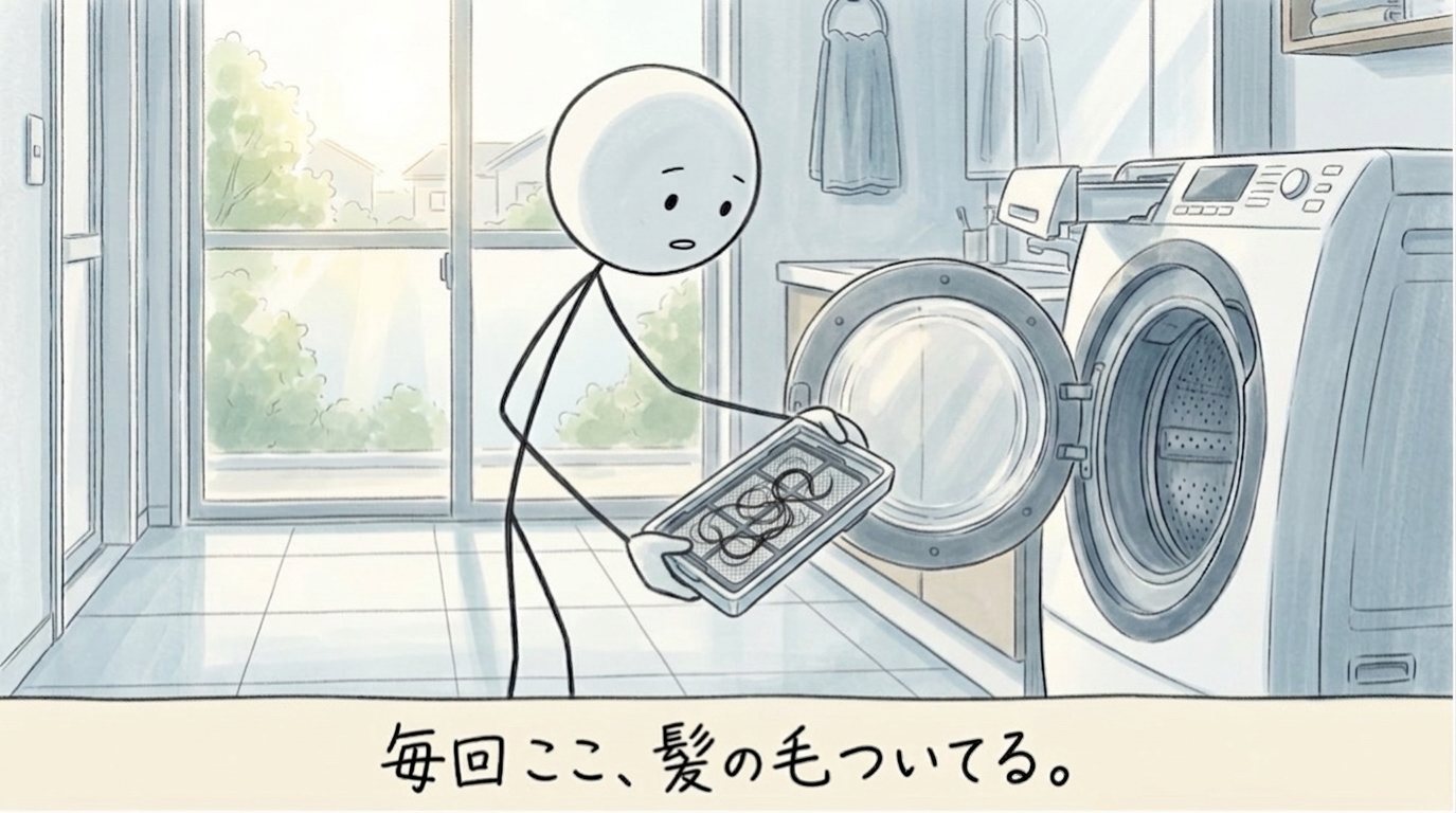 乾燥フィルターを引き出して、メッシュに絡んだ黒い髪の毛を見つめる棒人間のイラスト