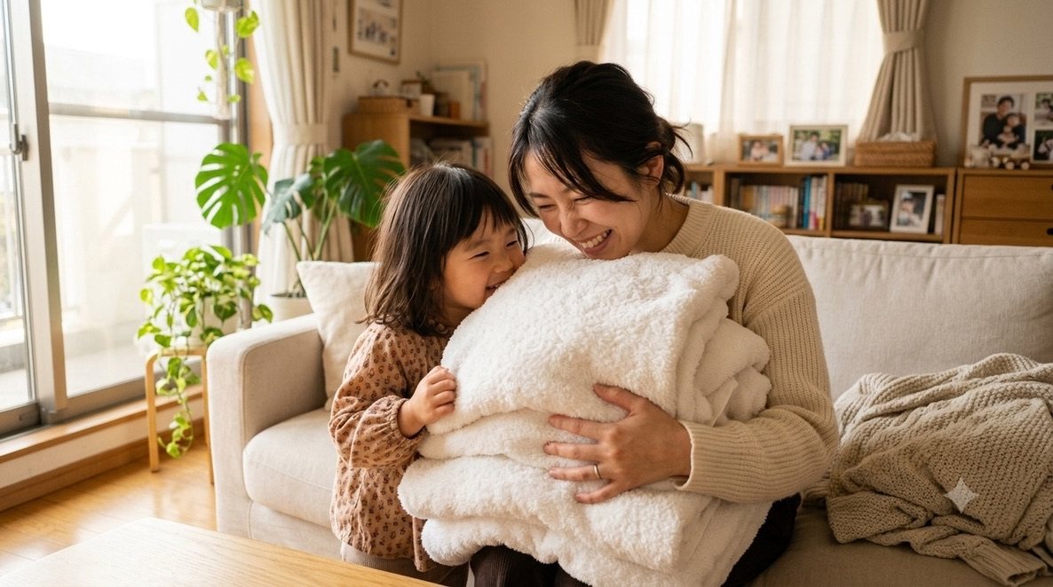 乾燥したてのふわふわのタオルを抱える親子の写真