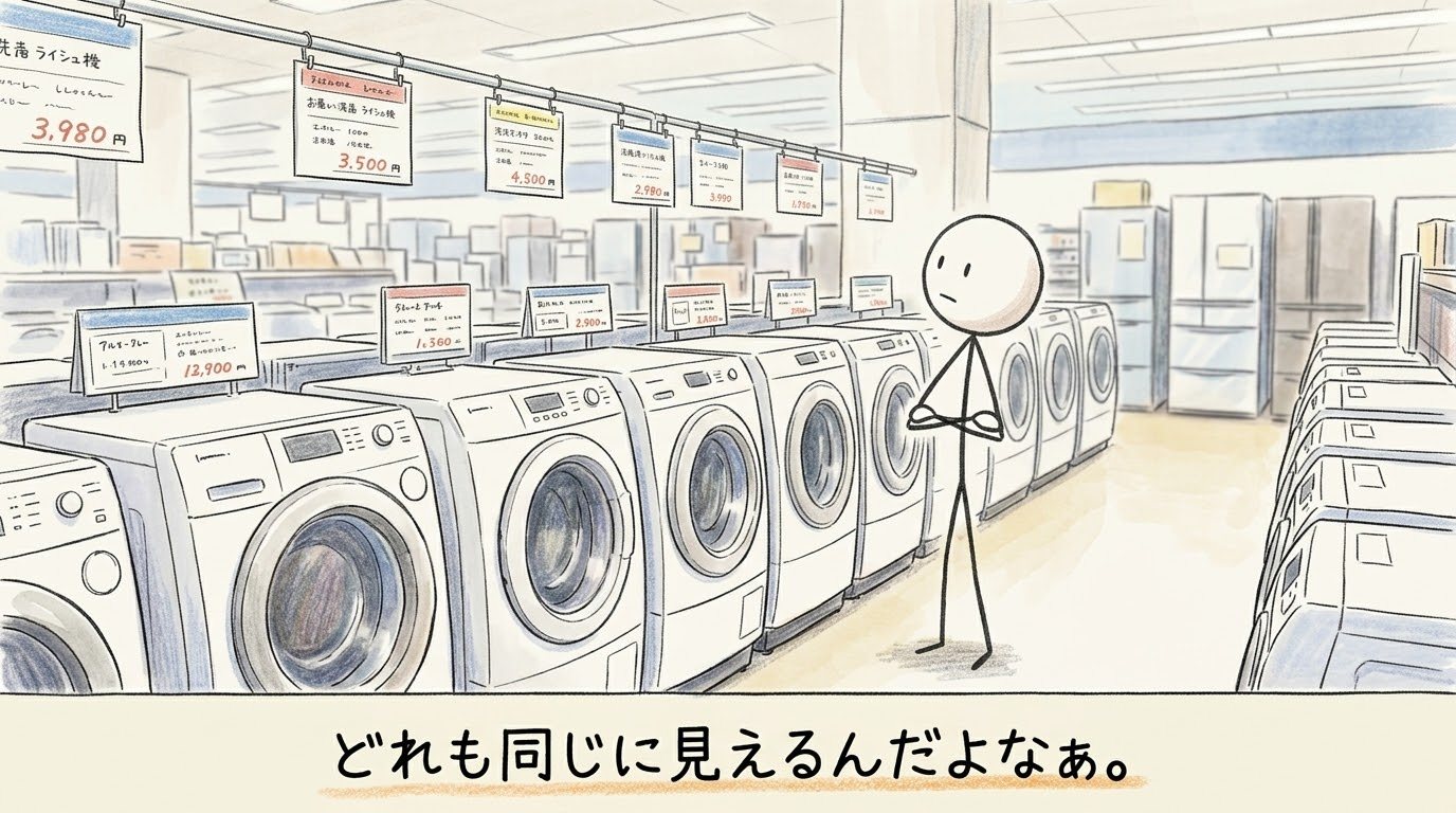 家電量販店の売り場で、同じような白いドラム式洗濯機の列を前に腕を組んで首をかしげる棒人間のイラスト