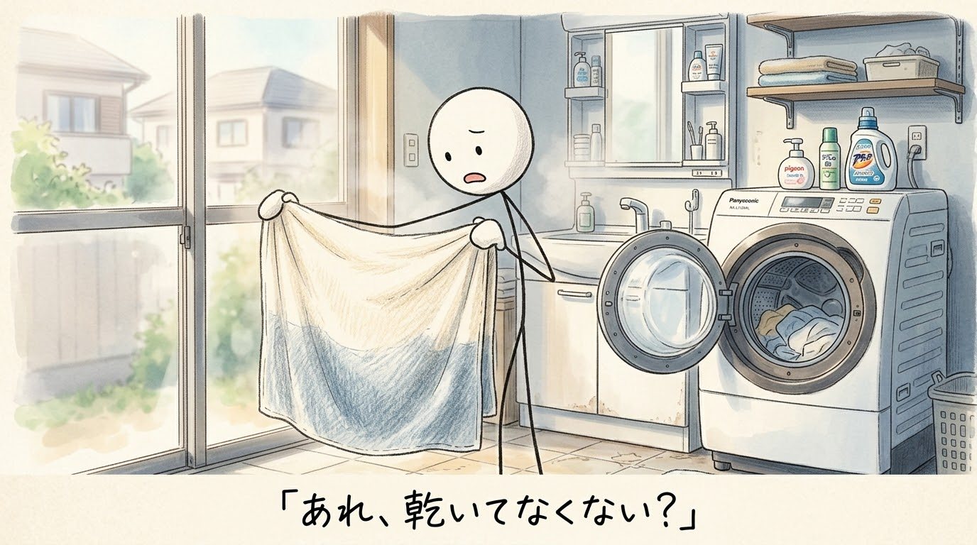 洗濯機から出したタオルを広げると下半分がまだ湿っていて、困惑している棒人間のイラスト