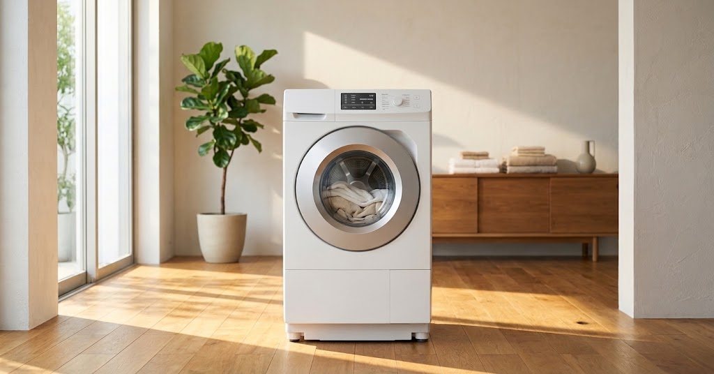 明るい部屋に置かれた白いドラム式洗濯機の写真