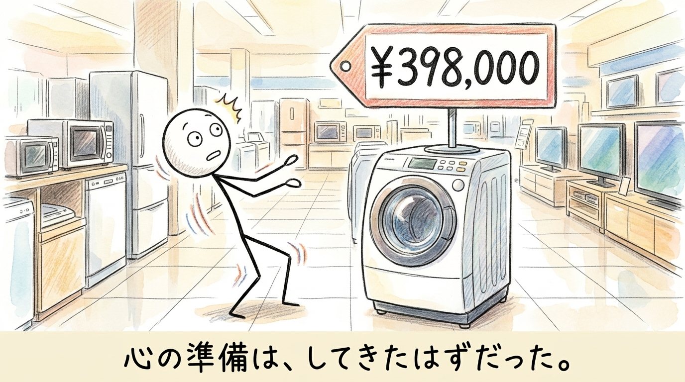 家電量販店で「¥398,000」の値札を見て、のけぞる棒人間のイラスト