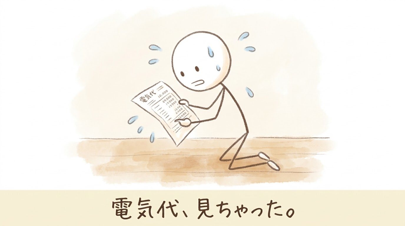 電気代の明細を両手で持ち、汗をかきながら膝から崩れ落ちている棒人間のイラスト