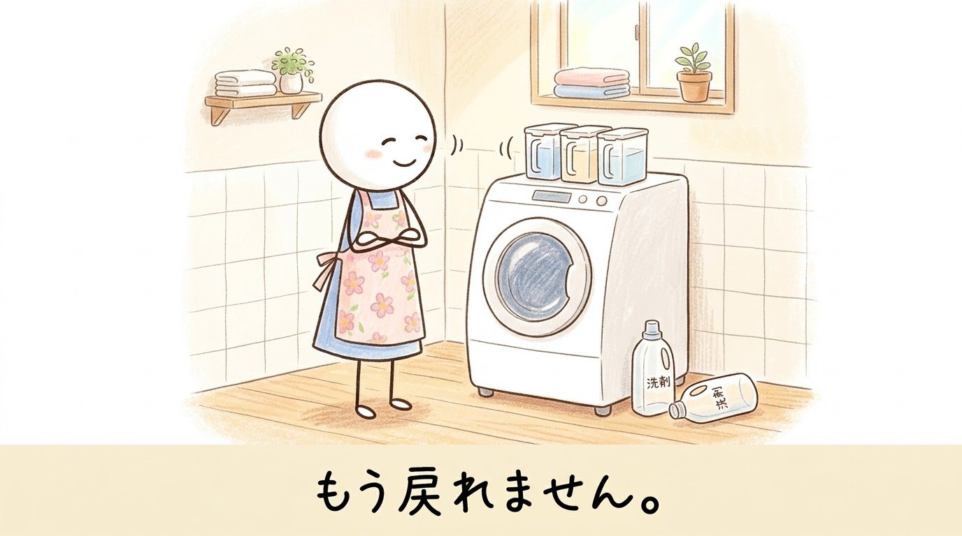 エプロン姿の棒人間が、3つのタンクが載ったドラム式洗濯機を腕組みして満足そうに眺めている。足元に空の洗剤ボトルが転がっているイラスト