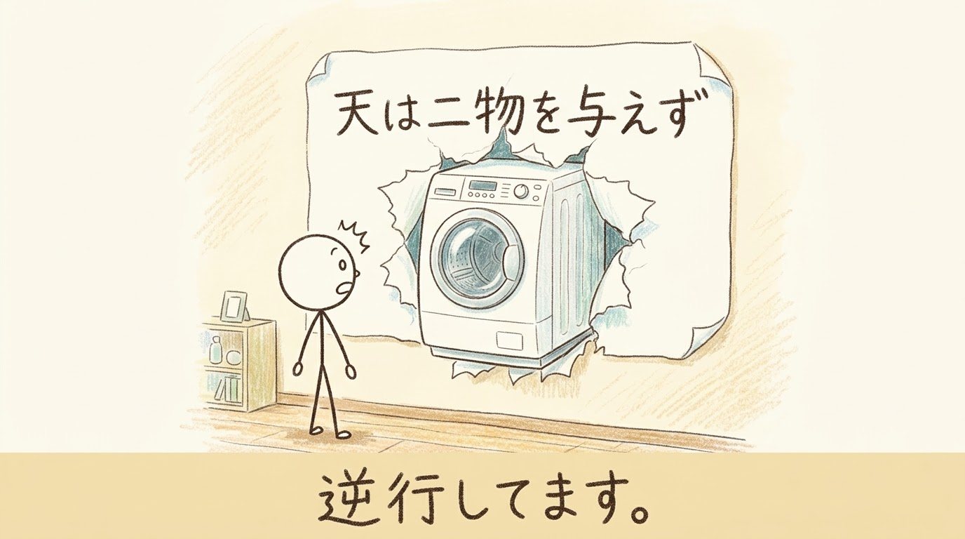 壁に貼られた「天は二物を与えず」の紙が破れ、そこから白いドラム式洗濯機が顔を出している。手前で棒人間が驚いているイラスト