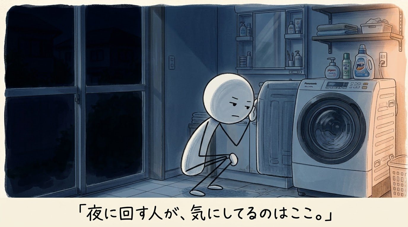 夜の洗面所で運転中の洗濯機に頭を近づけ、耳をすませる棒人間のイラスト