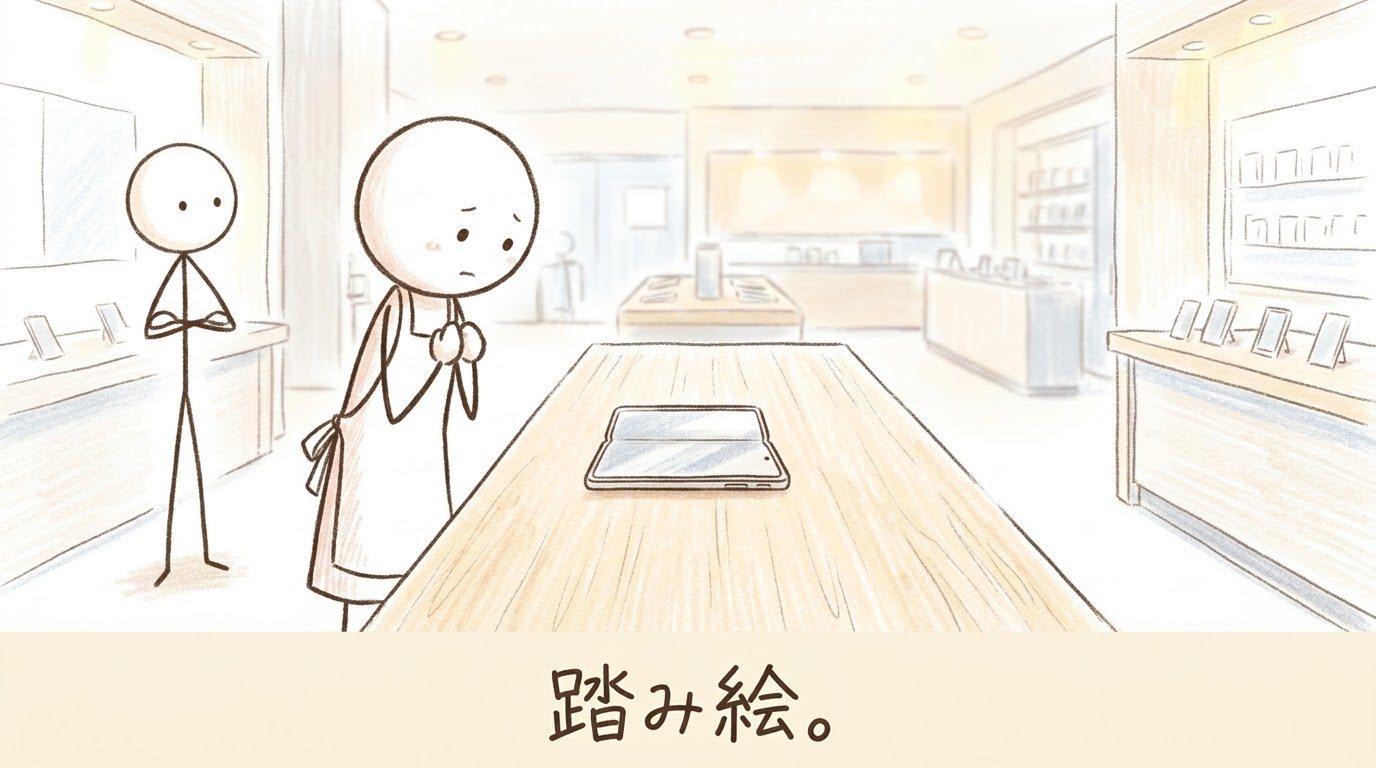 明るい店内。テーブルの上の折りたたみスマホを前に、エプロン姿の母が両手を胸の前で組んで立ち止まり、後ろで息子が腕を組んで見守っている