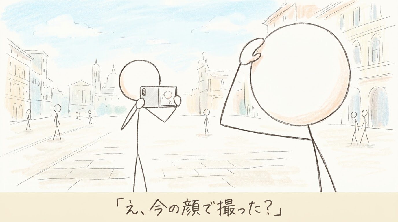 撮られる側の後ろから見た構図。向こうで撮る人が構える折りたたみスマホの、こちら向きの画面に自分の顔が映っていて、撮られる側が前髪を直している