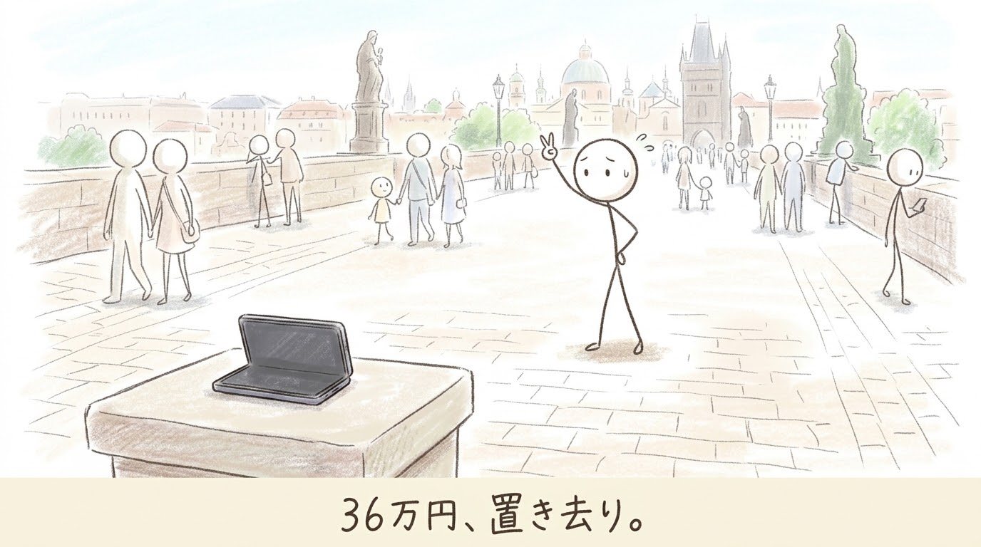 観光地の人混み。台の上に置かれた折りたたみスマホから離れて、ピースをしながら心配そうにスマホを見る棒人間
