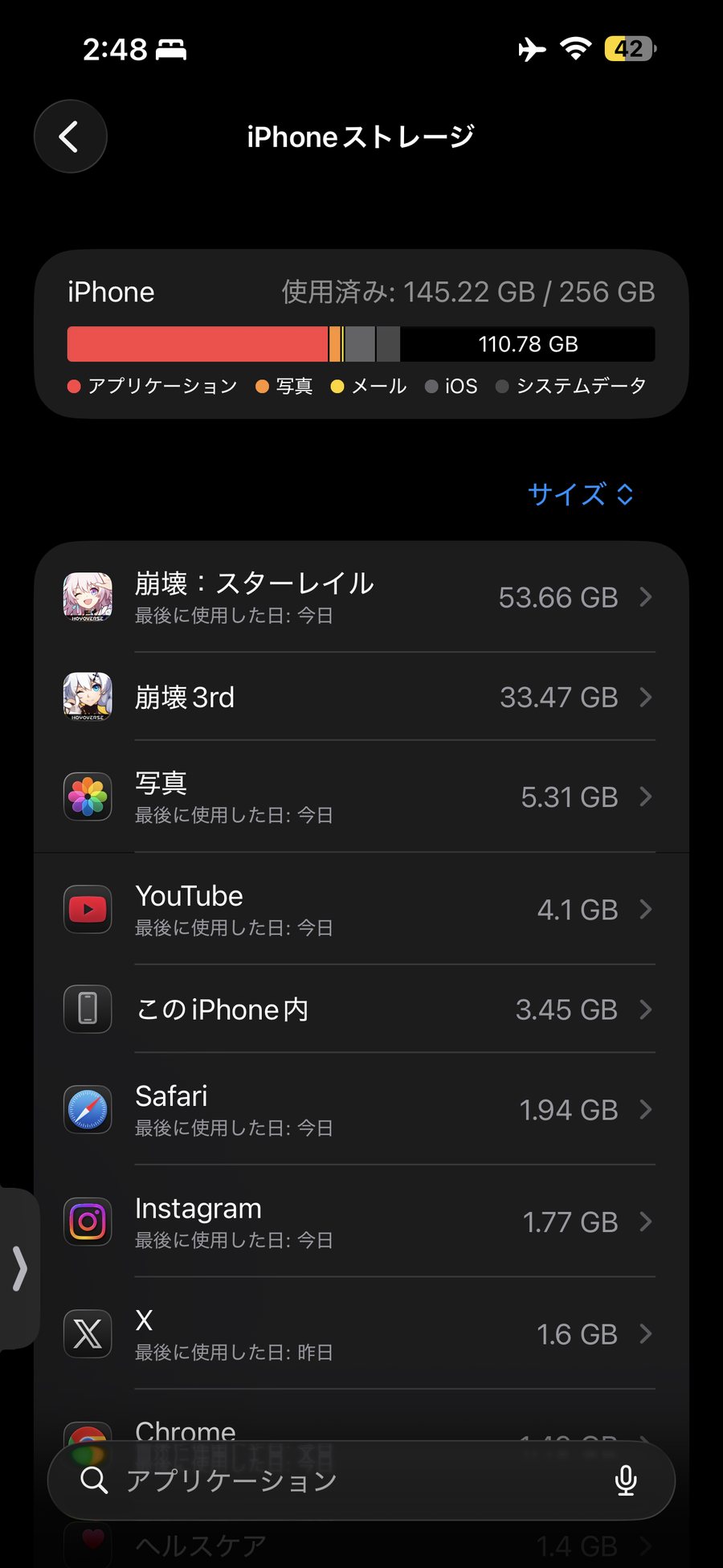 筆者のiPhone 14 Pro Maxのストレージ画面。256GB中145GB使用、ゲーム1本で53.66GB