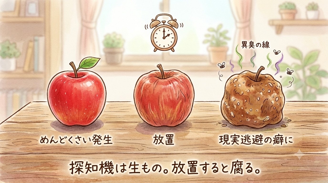 新鮮なりんごが放置されて腐っていく経過を描いたイラスト。めんどくさい発生、放置、現実逃避の癖に