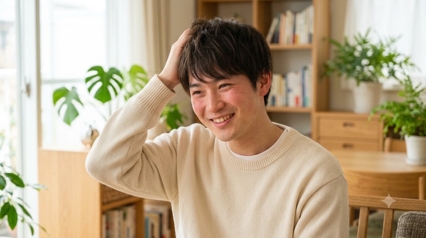 明るい部屋で、恥ずかしそうに笑いながら頭を掻く男性