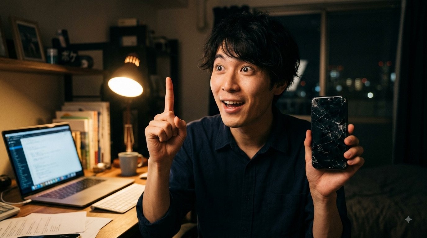 夜の部屋で、割れたスマートフォンを片手に、ひらめいて人差し指を立てる男性