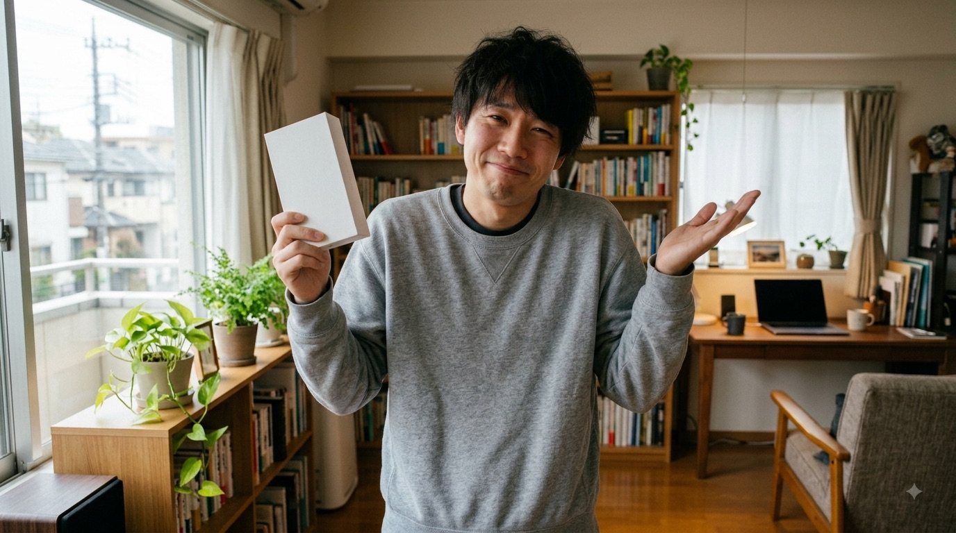 無地の白い箱を持って、何とも言えない苦笑いで肩をすくめる男性