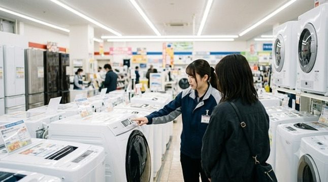 家電量販店の洗濯機売り場で、制服姿の販売員が客に商品を説明している様子
