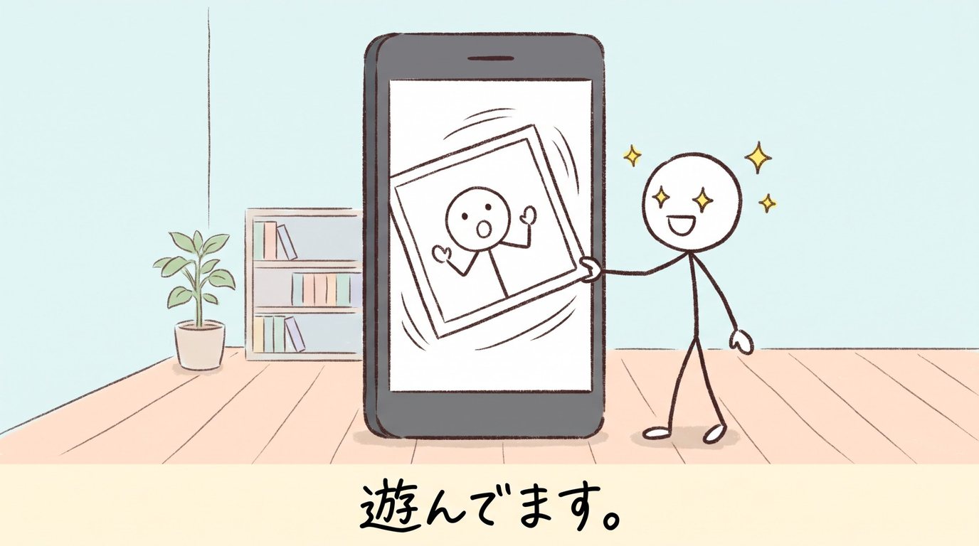 棒人間が、自分の背丈ほどある大きなスマートフォンの画面の写真を片手でつかんで傾けている。写真の中では別の棒人間が両手を上げて驚いている。帯には「遊んでます。」