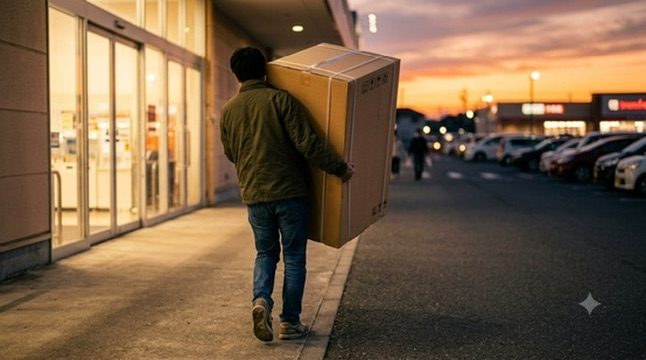 夕暮れの家電量販店の出口から、大きな家電の箱を抱えて駐車場へ歩いていく人の後ろ姿