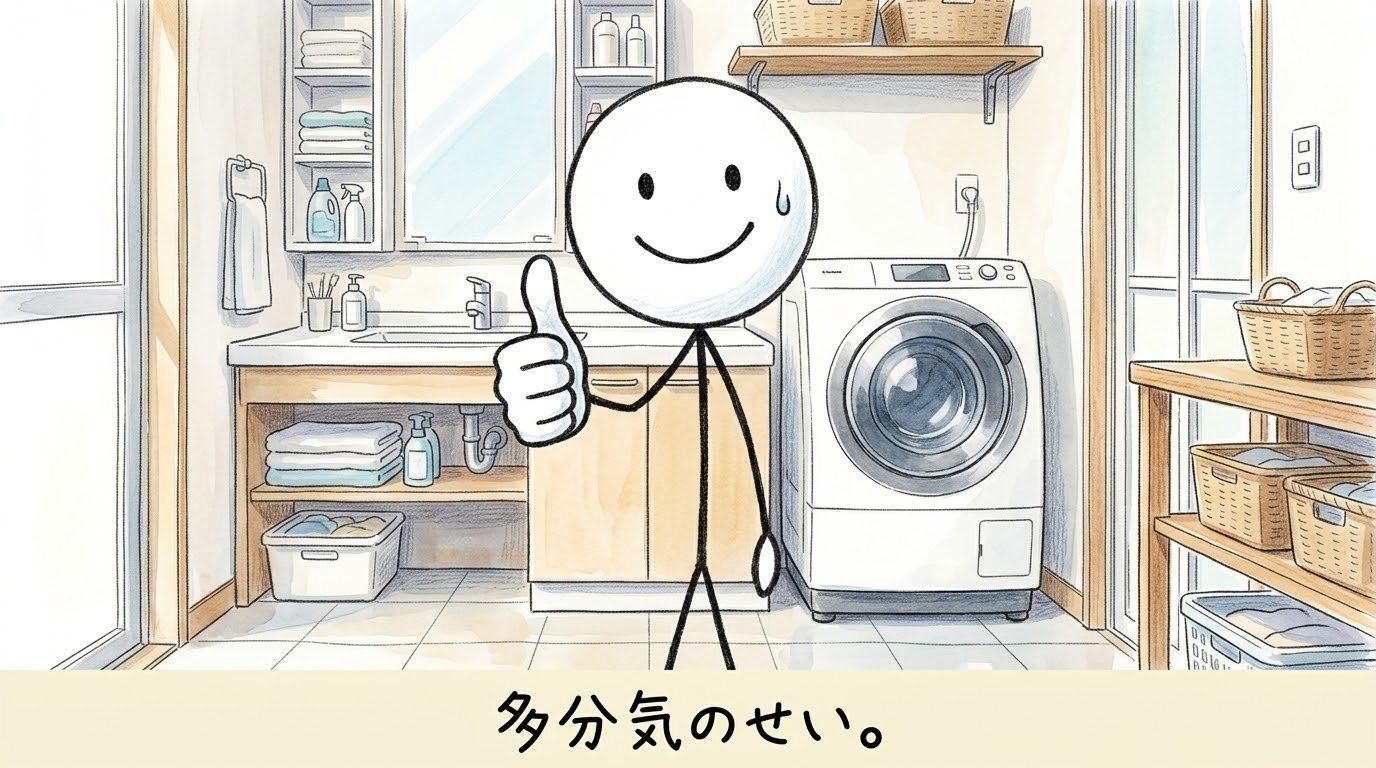 洗面所で親指を立てて笑う棒人間。頬に汗が一滴