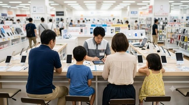 家電量販店の携帯電話コーナーで、家族4人がカウンターに座りスタッフと契約の相談をしている様子