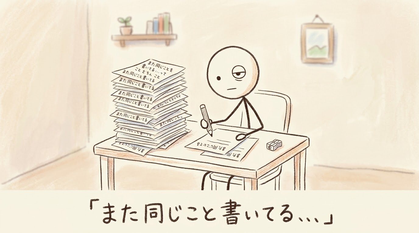 机に向かう棒人間が、同じことが書かれた紙の山の横で、うんざりした顔をしている。帯には「また同じこと書いてる、、、」