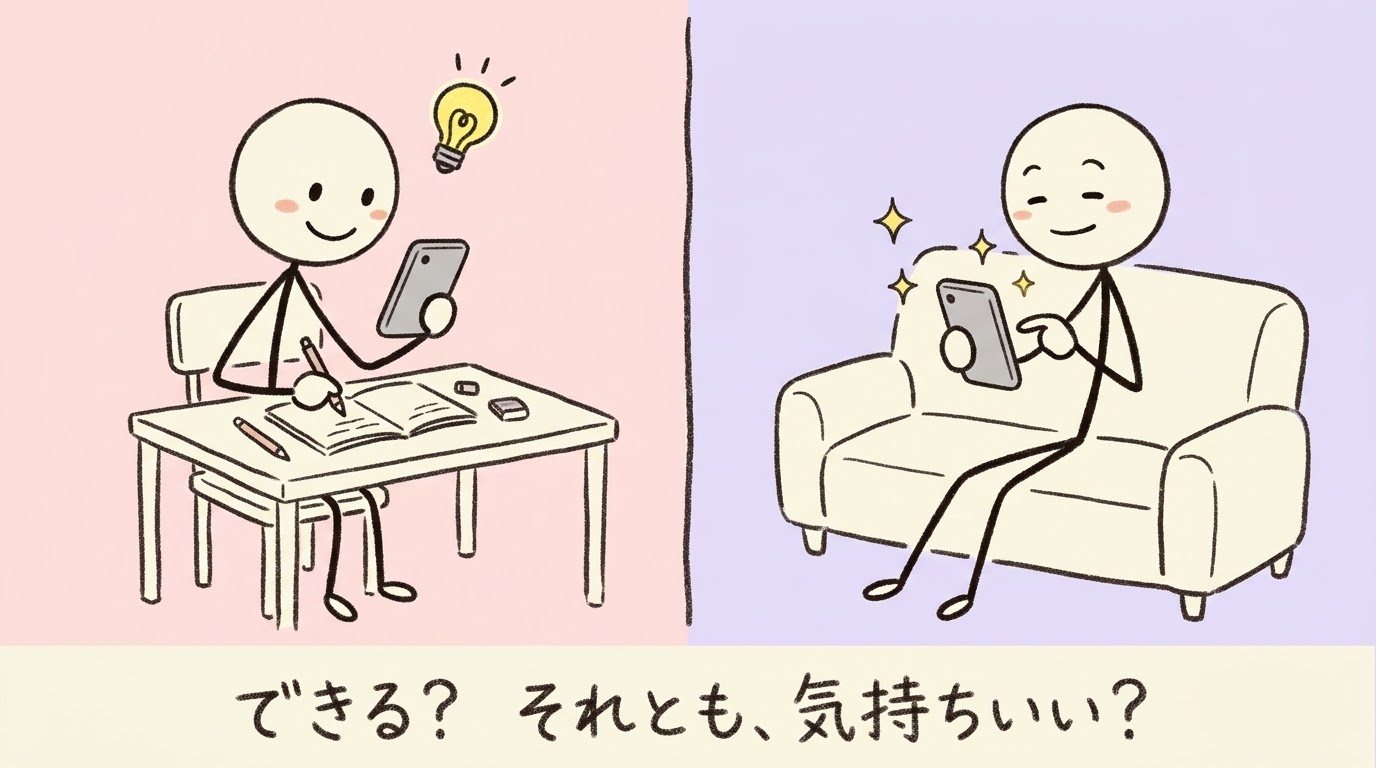 左はピンクの背景で、棒人間がスマホで調べながらノートにメモを書いている。右は紫の背景で、同じ棒人間がソファでスマホをスワイプして気持ちよさそうにしている。帯には「できる？ それとも、気持ちいい？」