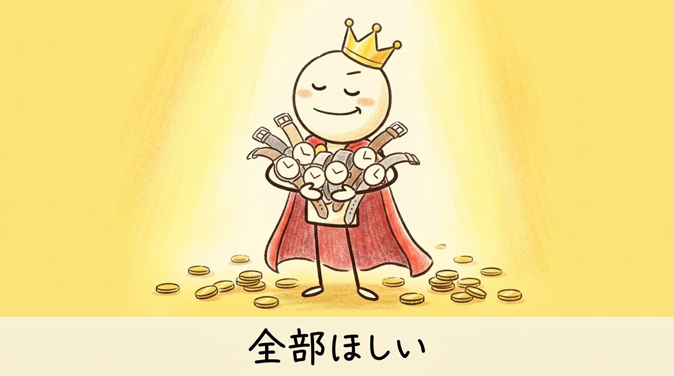 王冠とマントの棒人間が、たくさんの腕時計を抱えて満足げにしている。足元には金貨。帯には「全部ほしい」
