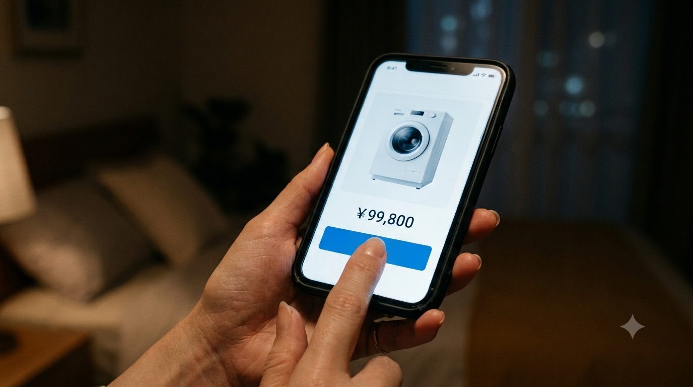 夜の部屋で、スマートフォンに表示された洗濯機の商品ページ（¥99,800）の購入ボタンを押そうとしている手元