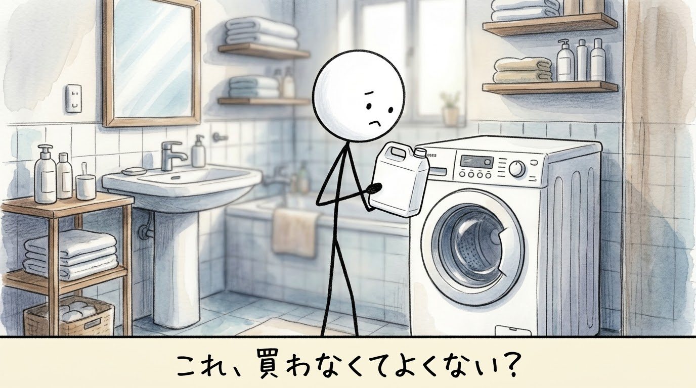 洗濯槽クリーナーの容器を持って洗濯機を見ている棒人間のイラスト