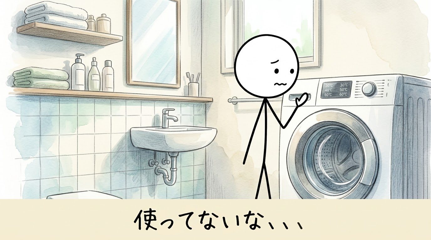洗濯機の温度メニューが表示されているのに、顔をそむけている棒人間のイラスト