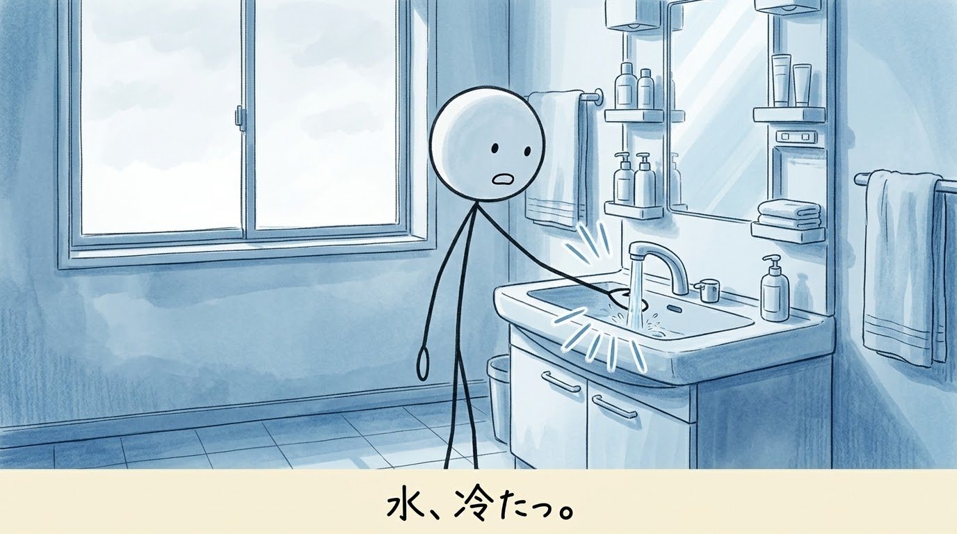 冬の洗面所で蛇口の水に手を触れ、冷たさに驚いている棒人間のイラスト