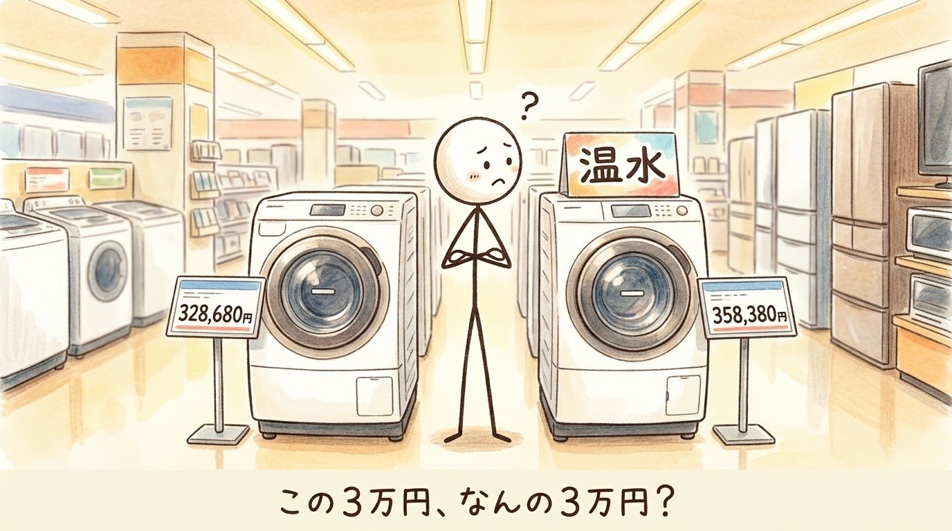家電量販店で、328,680円と358,380円のドラム式洗濯機の値札を見比べて腕を組む棒人間のイラスト