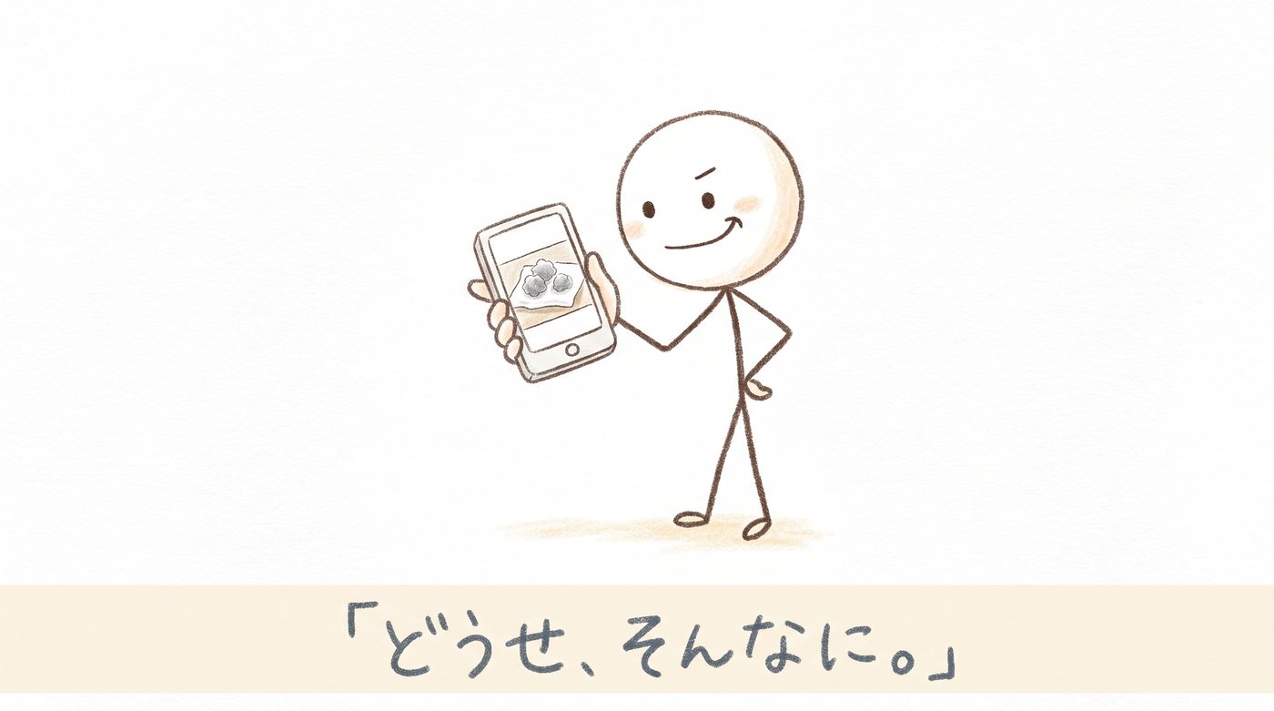 スマホの画面に映るホコリの写真を見ながら、片方の口角を上げて笑っている棒人間のイラスト