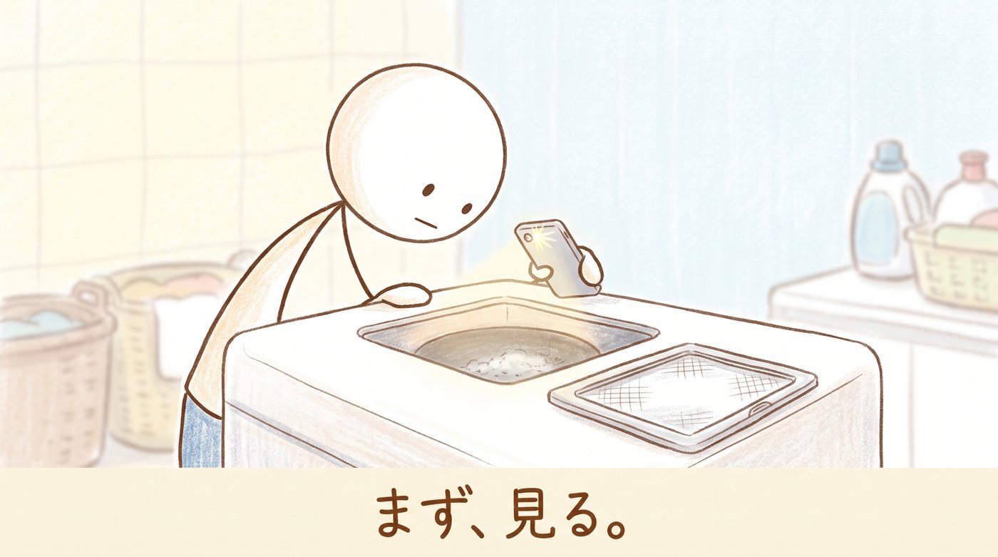 洗濯機上部の乾燥フィルターの穴に、スマホのライトを当てて覗き込んでいる棒人間のイラスト