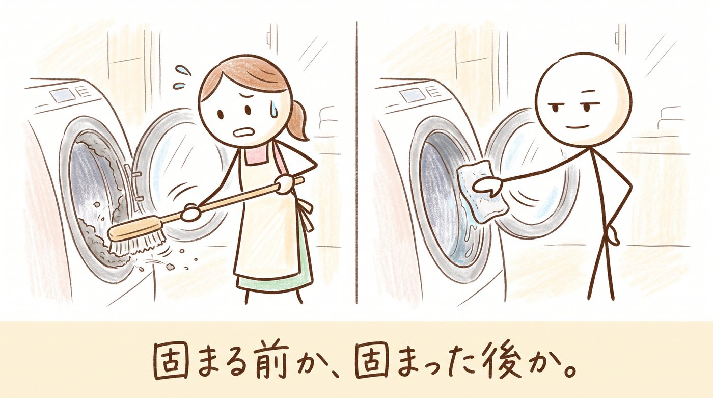 左：固まったホコリをブラシで必死にこする母。右：濡れたホコリを布でさっと拭く僕。2コマの対比イラスト